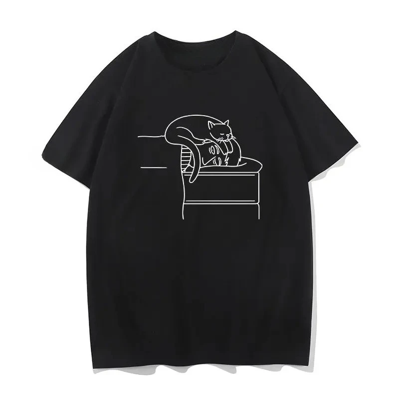 Cat Simple Drawing  Printed Men's and Women Fashion Trend Short Sleeved New Personalized Round Neck Casual Tshirt 2000s Clothes