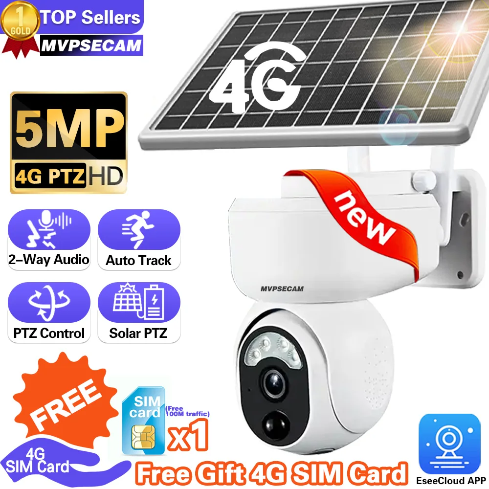 

5MP Solar Free Gift 4G Sim Card Camera 10800mAh Battery PTZ Surveillance Wireless PIR Human Tracking CCTV HD Outdoor Waterproof