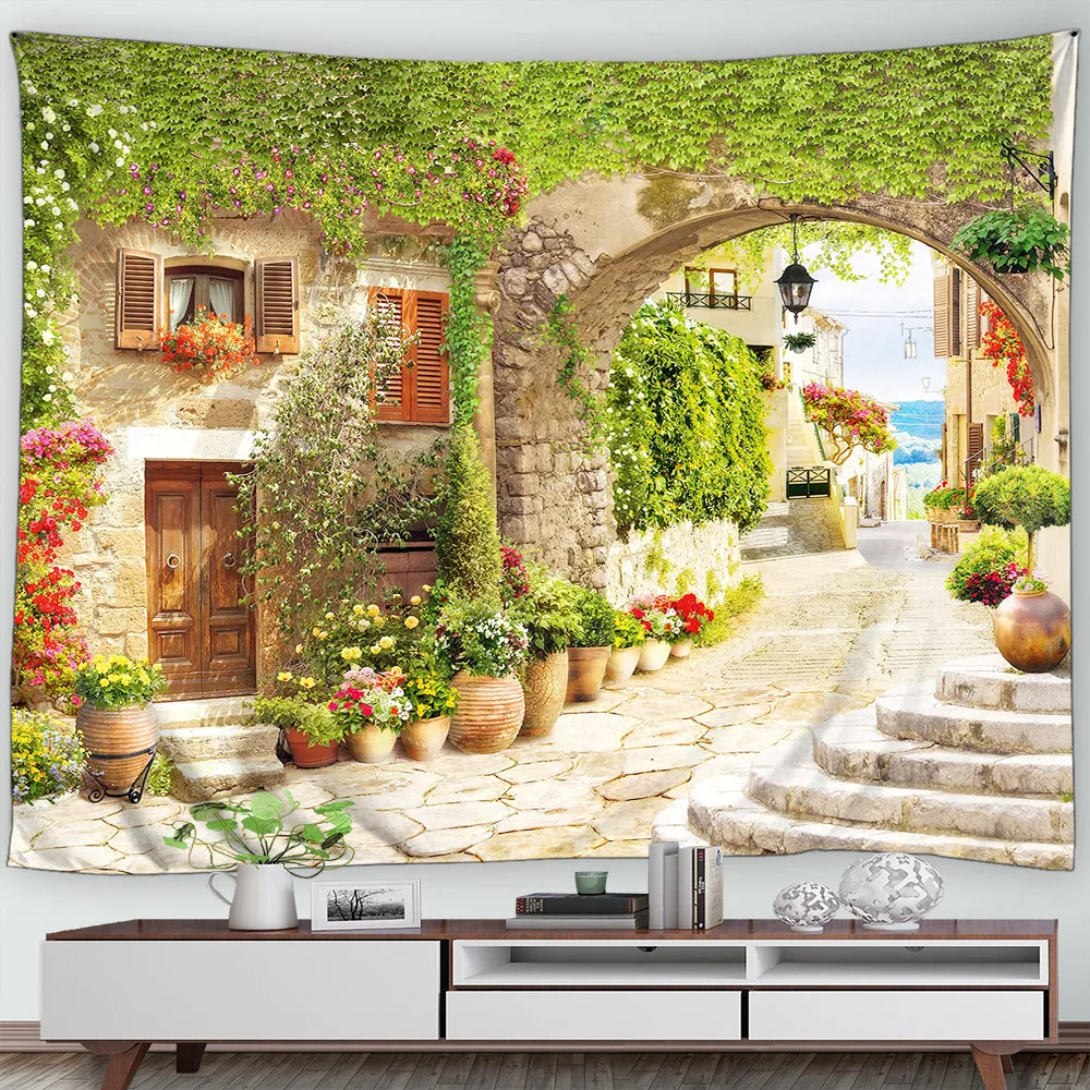 Italian Street Landscape Tapestry Vines Plants Flowers Vintage Arch Architecture Garden Wall Hanging Home Living Room Dorm Decor