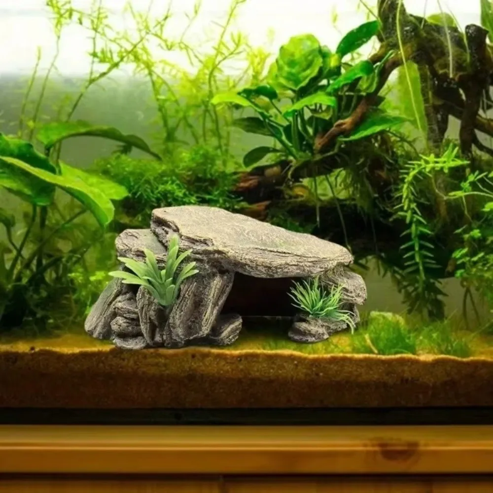 Artificial Reptile Hiding Cave Vivid Texture Terrace Design Turtle Resting Platform Safe Material Amphibious Shelter Decor