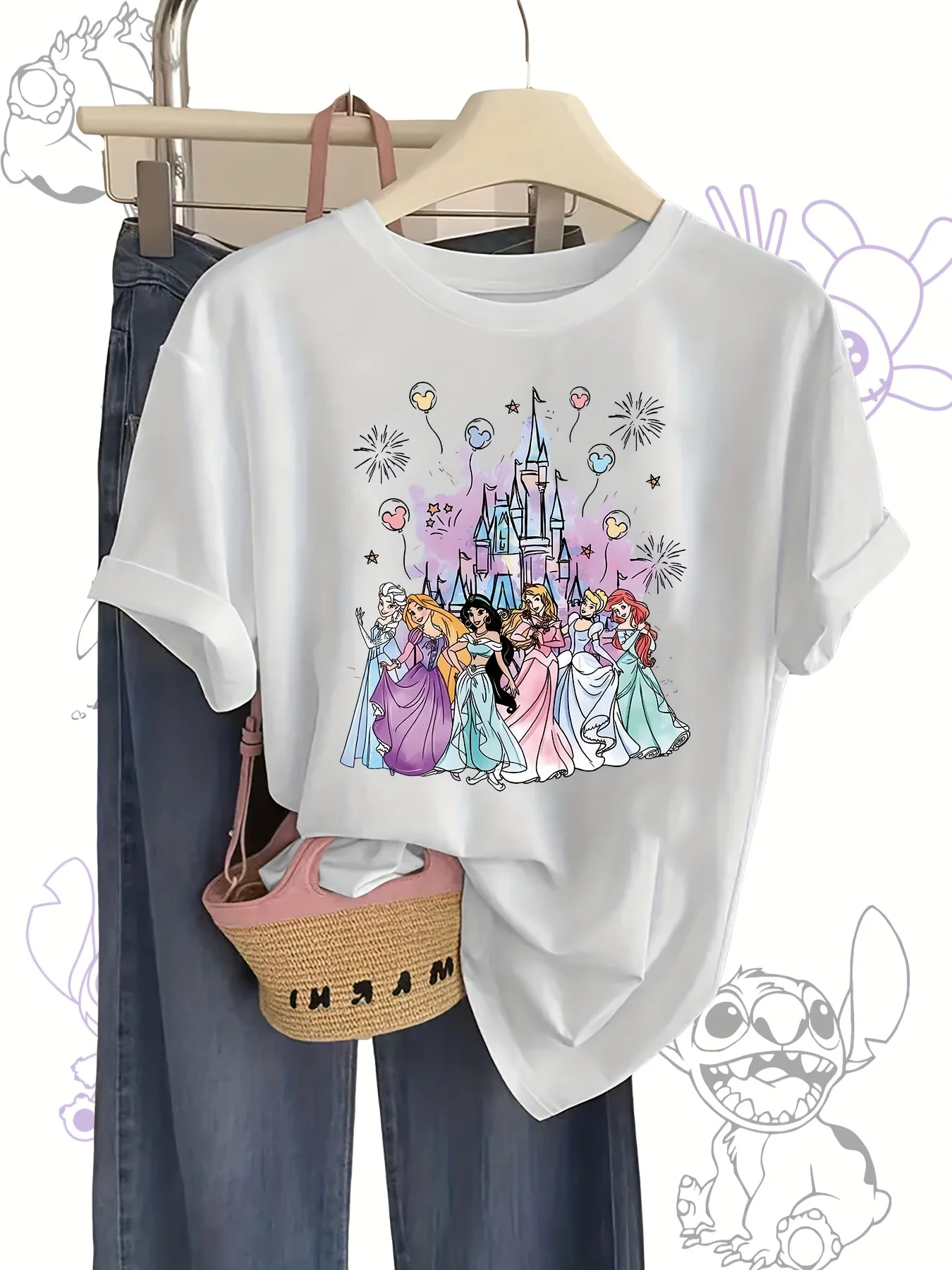 

2025 Disney Pattern Printed Women's Casual Comfortable Unique Smiling Face Black Round Neck Short Sleeve T-shirt