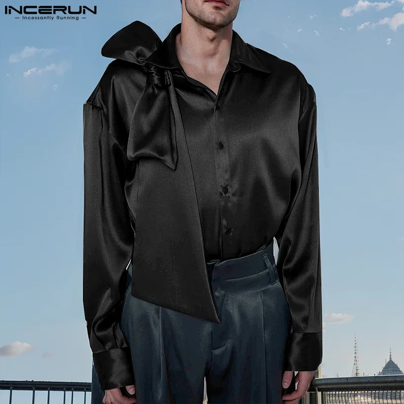 INCERUN Tops 2024 American Style Leisure All-match New Men Bow Design Solid Shirts Stylish Autumn Male Long Sleeved Blouse S-5XL