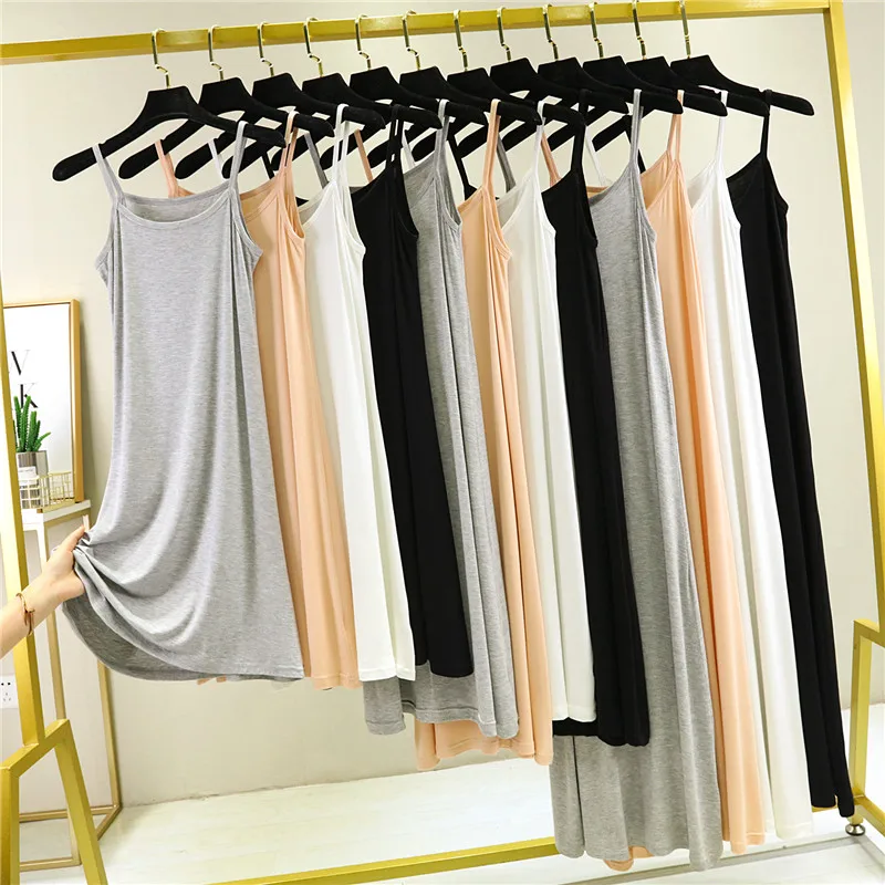 Slimming Modal Strap Long Dress A-Line Summer Inner Wear  Color Thin White Base Dress Korean Style Casual round Neck