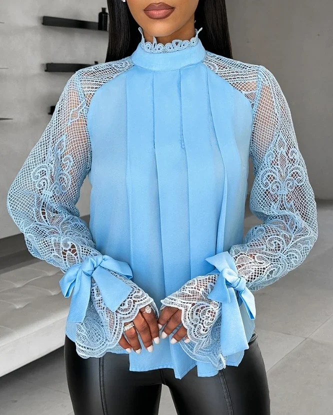 

Womens Tops Fashion Blouses Contrast Casual Lace Tied Detail Ruched Long Sleeve Stand Collar Top Elegant Female Pullover Shirt