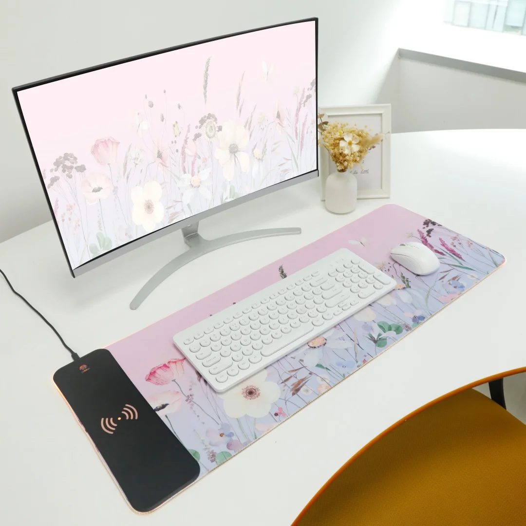 Flower Wireless Mouse Phone Charging Mouse Pad Large Pink Home Office Computer Desktop Keyboard Pad 80x30cm Comfort Mousemat