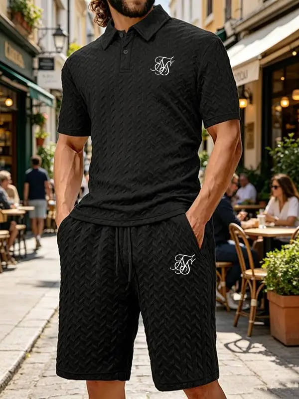 Men's new summer short-sleeved and shorts set with jacquard fabric in multiple colors, lapel loose POLO shirt two-piece set.