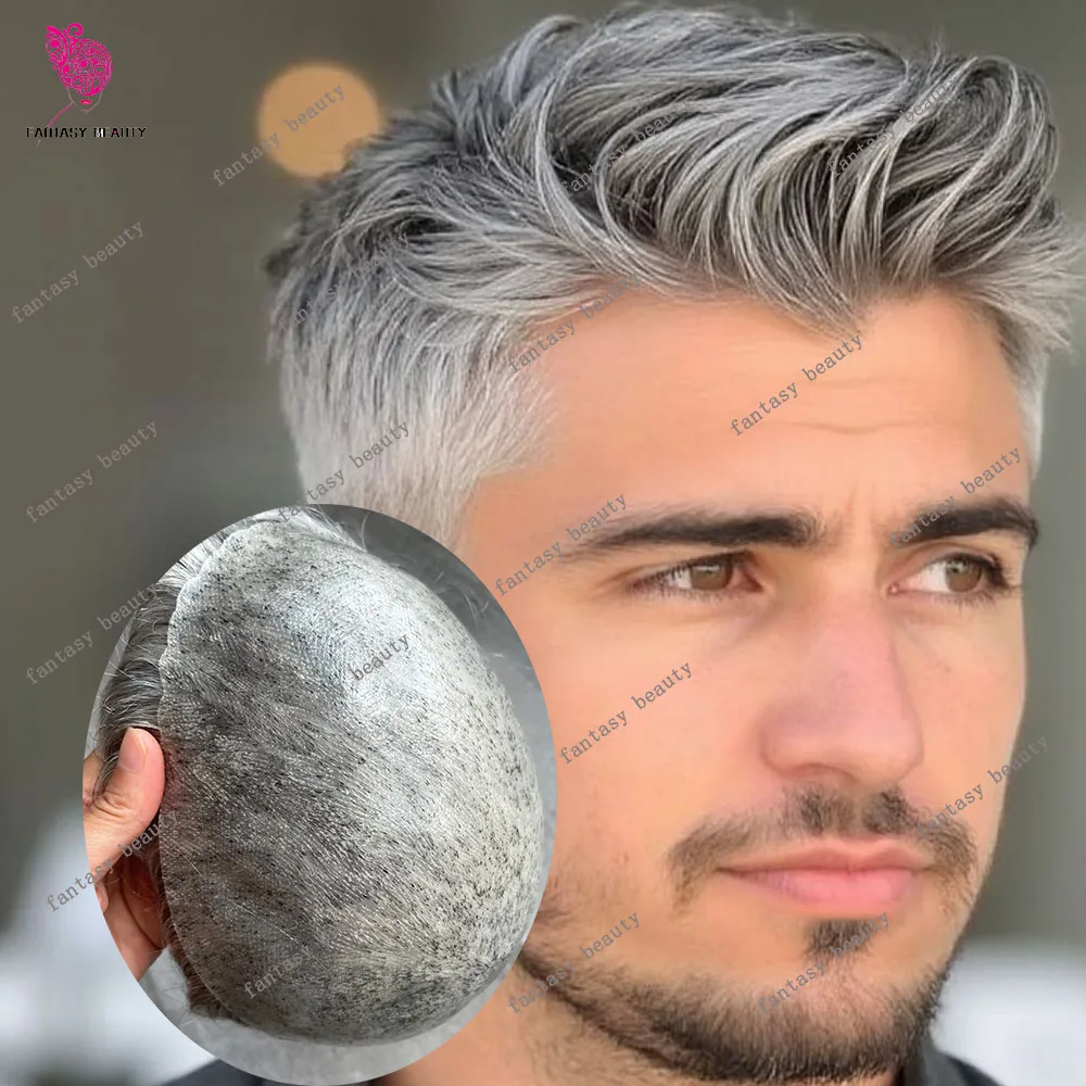 1B50 1B80 1B40 Gray Men's Toupee Super Natural Hairline Thin Skin Human Hair Wigs Undetectable Black Hair Replacement Prosthesis