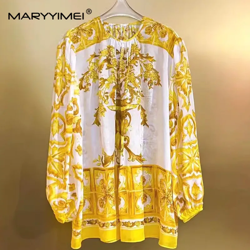 MARYYIMEI Fashion Designer Spring Summer Women\'s cotton shorts Lace-UP Baroque Print Streetwear Long-Sleeved Silk Tops