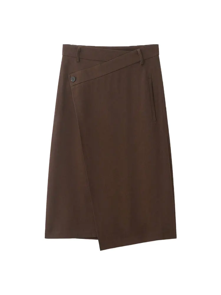Women's Solid Color Front-Button Asymmetric Skirt with High Waist and Side Zipper for Office Wear