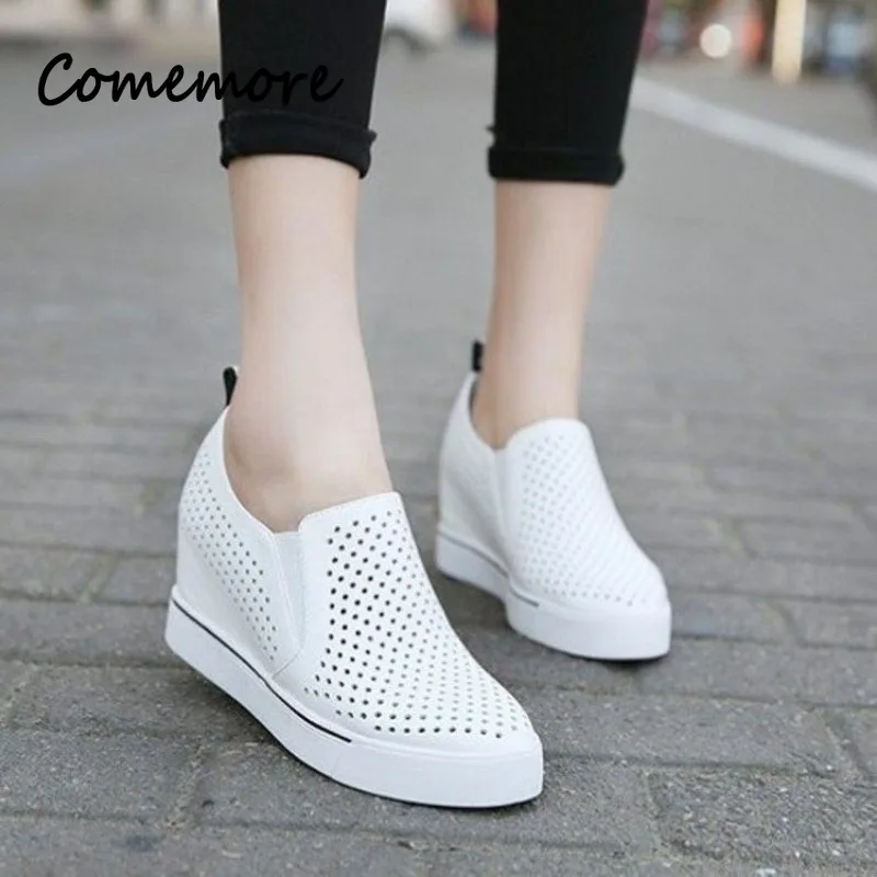 Comemore 7CM Height Sneakers Women Summer Shoes Platform Wedge White Mesh Breathable Vulcanize Shoes Slip on Solid Ladies Tennis