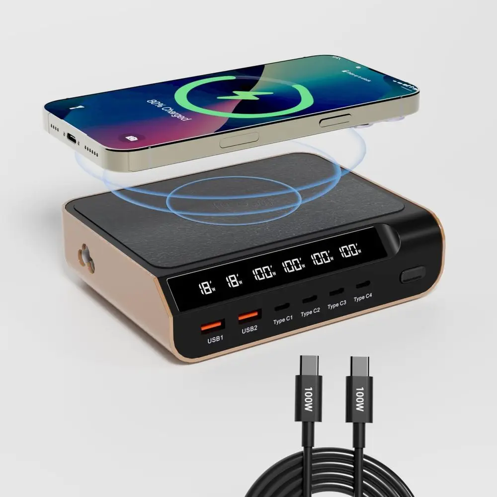 

6-портовая зарядная станция USB-C мощностью 240 Вт с беспроводной зарядкой 15 Вт для iPad, MacBook и других устройств — в комплекте кабель Type-C