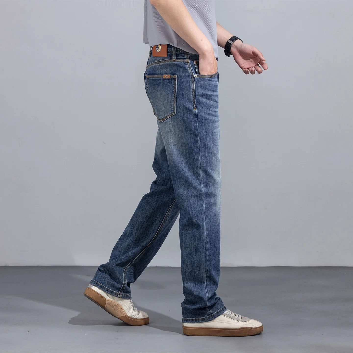 Men Spring Summer New Arrival Mixed Cotton Jeans Light Dark Blue Trendy Loose Straight Leg Thin Casual Long Denim Pants