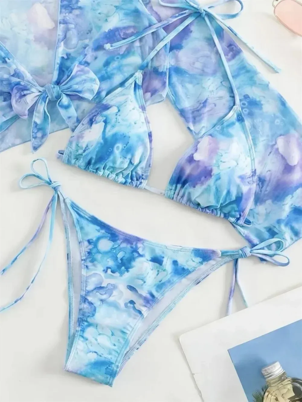 Sexy Blue Tie Dye 3-częściowy zestaw bikini dla kobiet z długim rękawem i wiązaniem z przodu Strój kąpielowy 2024 Strój kąpielowy z wiązaniem z boku