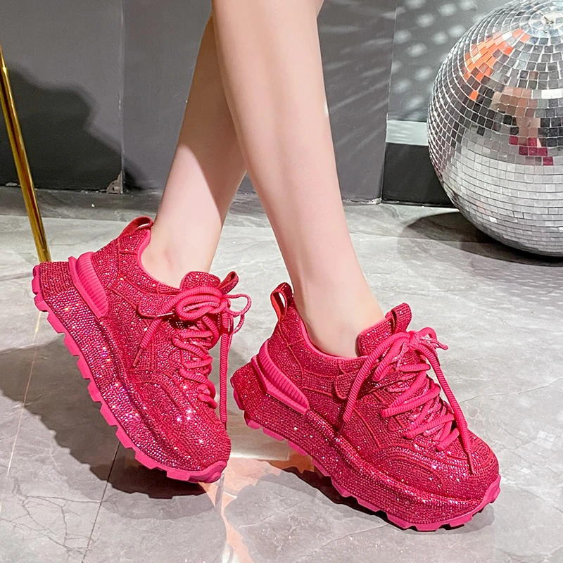 

Women Luxury Fashion Chunky Sneakers Designer Diamond Shining Casual Sports 5cm Thick Lace-up Vulcanize Shoes Zapatos Mujer