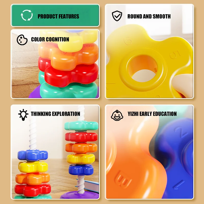 Montessori Baby Rotating Rainbow Tower Stacking Toy Early Education Enlightenment Intellectual Development Toys Gift for Toddler