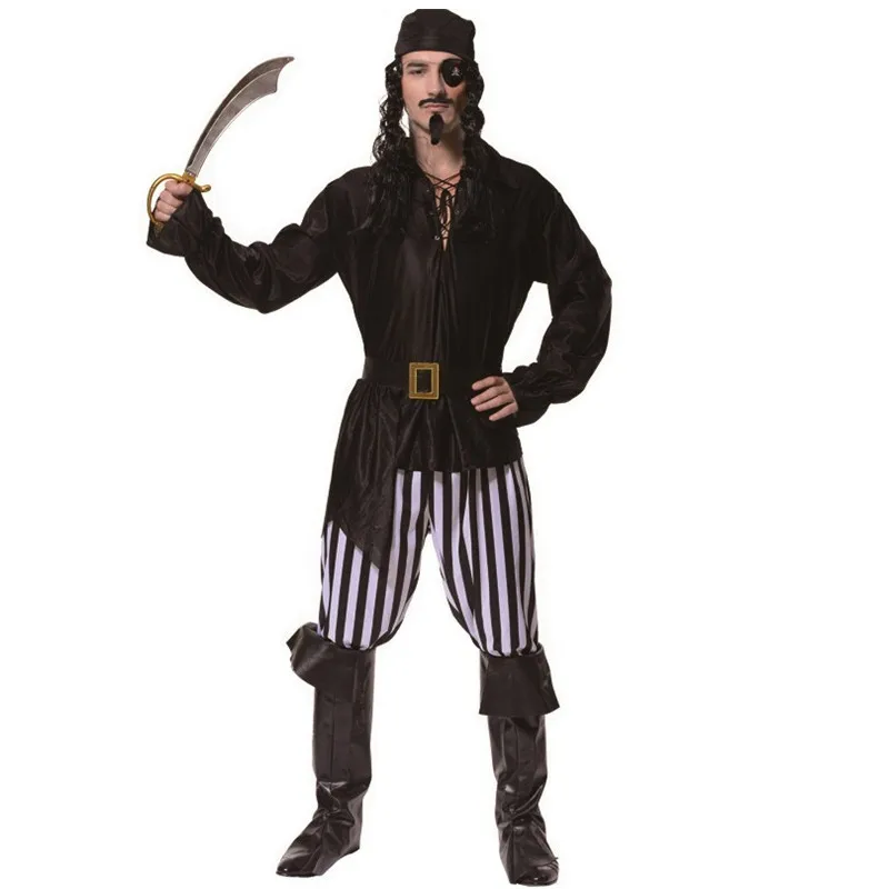 Black Men One-eyed Pirate Cosplay Adult Halloween Skull Robber Costumes Carnival Purim Stage Role Play Nightclub Bar Party Dress