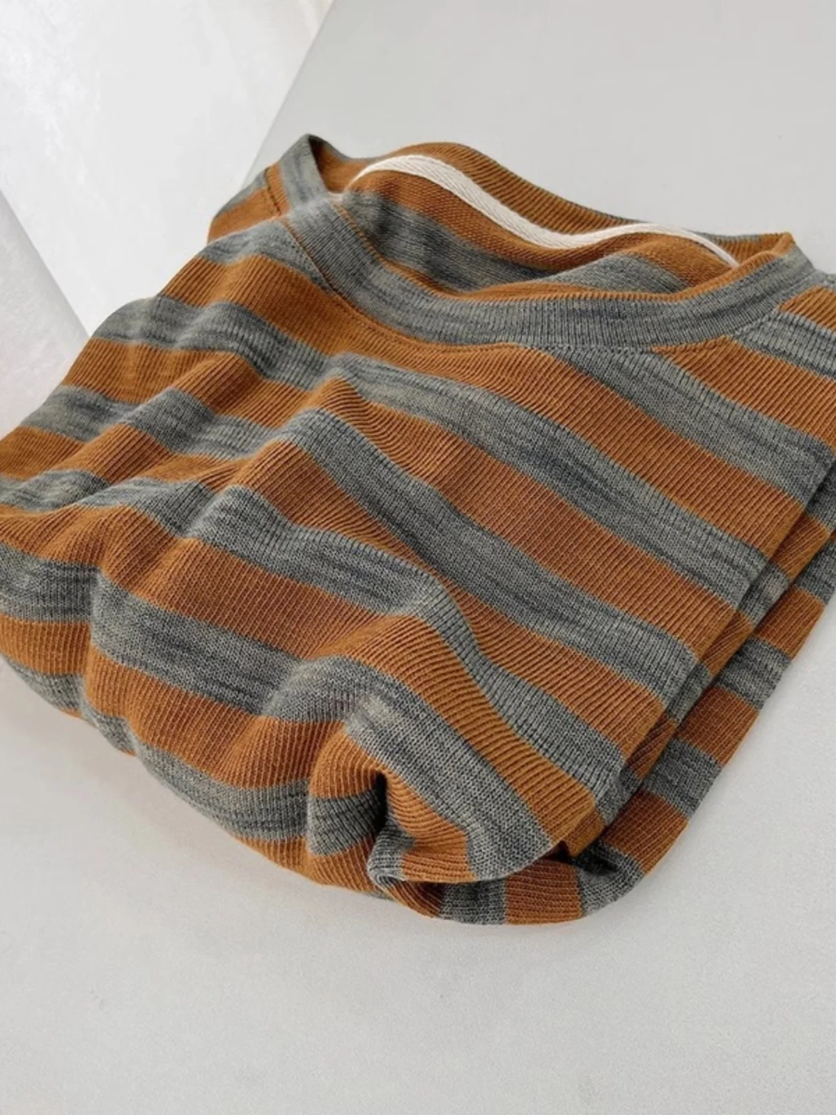 

Comfortable Long Sleeve Striped T-Shirt Women's Early Autumn Thin Loose Inner Wear Layered Elastic Top Soft Quality