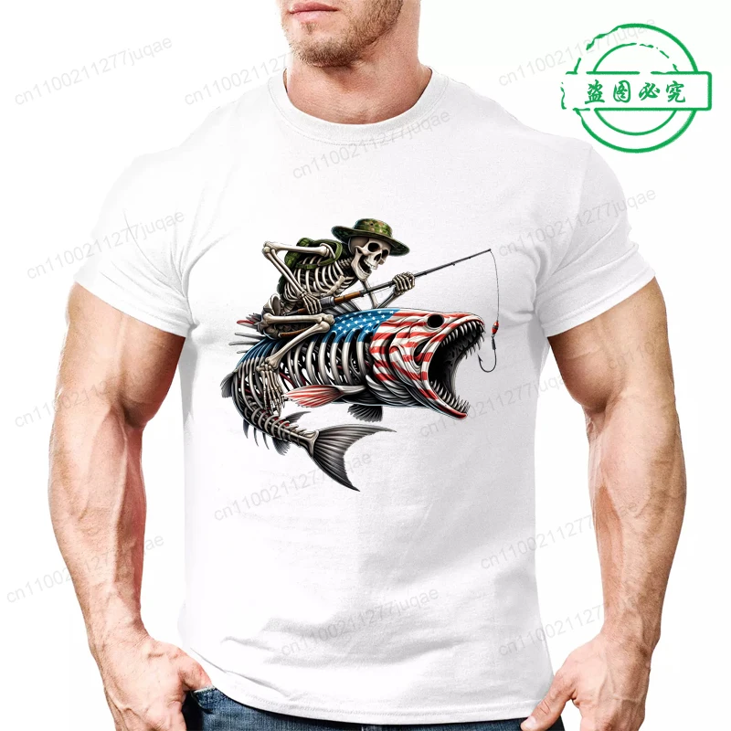 Men's Summer T-Shirts Loose Size Fishing Hunter Print Casual Comfortable Round Neck Short Sleeved T-shirt Fish Skeleton Men Top