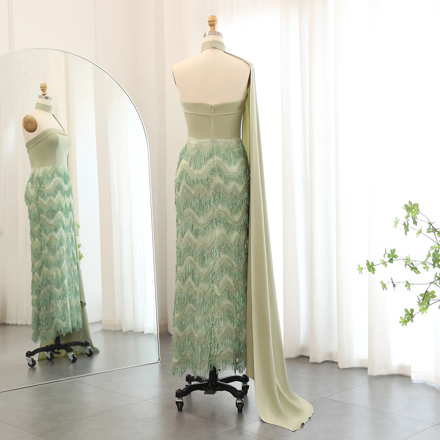 Sharon Said Dubai Blaues Zweiteiliges Abendkleid, Luxuriöses Hochgeschlossenes Perlenbesetztes Quastenkleid, Formelle Damen-Ballkleider SS143, Maßanfertigung – Detail 17