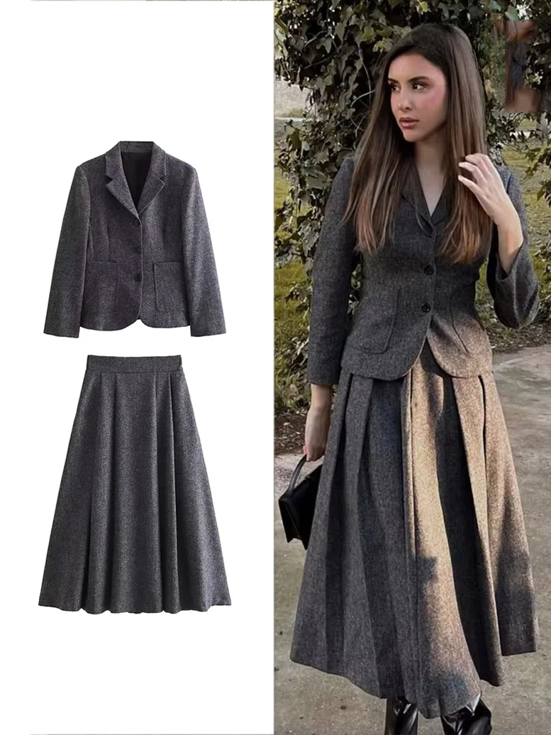 TRAF Women's Fashion Autumn and Winter Office Commuter Suit Long Skirt Set Retro Slim Textured Suit High Waist Zipper Long Skirt