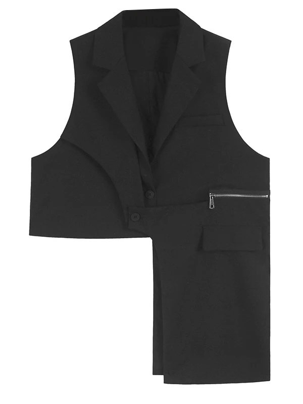 SuperAen 불규칙한 양복 칼라 블랙 조끼 2025 봄과 여름 새로운 느슨한 민소매 틈새 디자인 재킷