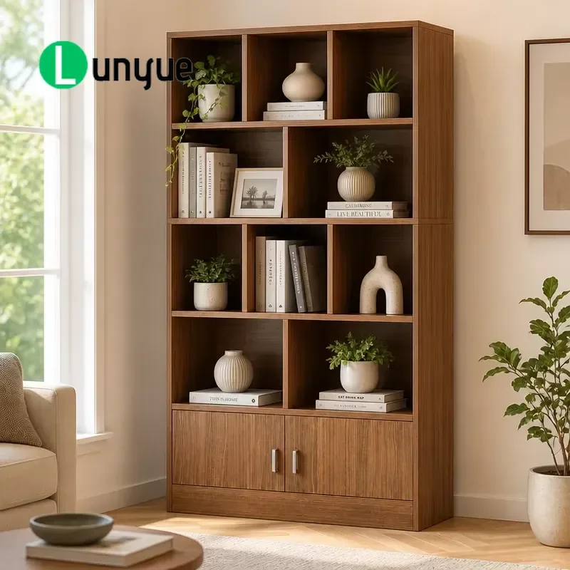 Wood Grain Office Bookcase with Open Display Shelves for Books Documents and Decorations Modern Storage Furniture for Home