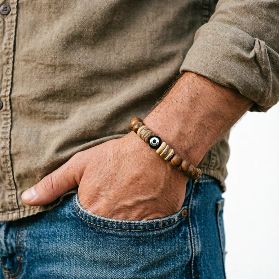 Noter Natural Wooden Bracelet For Men Turkey Evil Eyes Charm Braslet Lightweight Comfortable Energy Healing Strand Braclet Joias