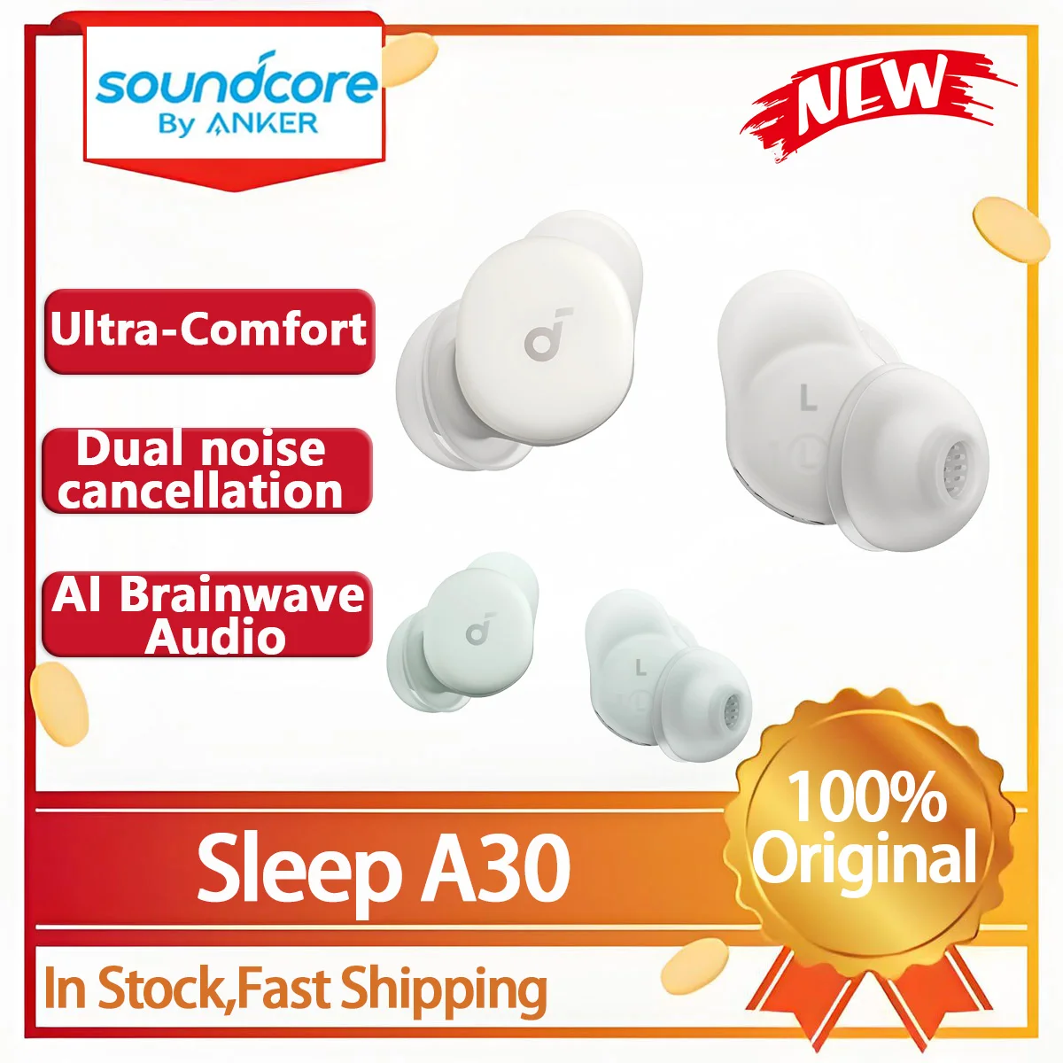 سماعات Anker Soundcore Sleep A30 الجديدة من الجيل الثاني - صديقة للنوم الجانبي، إلغاء الضوضاء النشط، بلوتوث لاسلكي #1