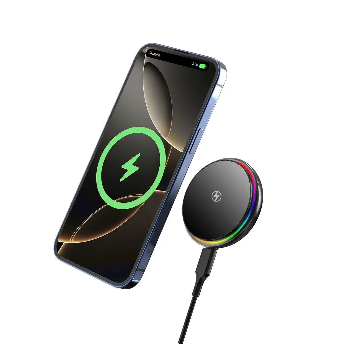 Desktop 15W wireless magnetic charger fast charging rainbow halo design with RGB indicator light mobile phone charger