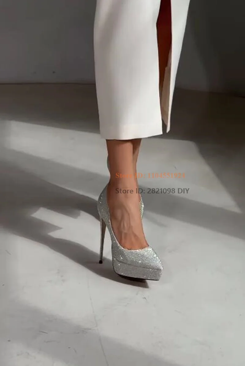 بلينغ بلينغ خنجر كعب جلد فضي كريستال أشار تو منصة مضخات عالية الكعب فستان أحذية النساء رقيقة عالية الكعب #4