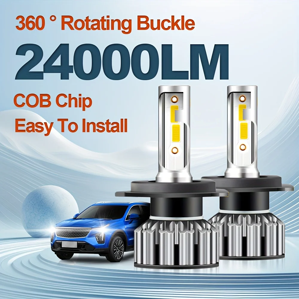 Car Lamps H4 High-Low All In One Bulbs, Shine White 6000K 24000LM COB Chip LED Head Light 360° Rotating Buckle Easy To Install