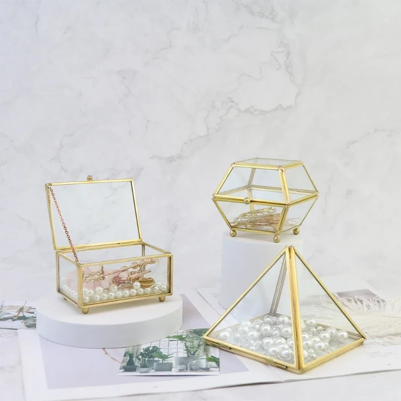 

D0LC Golden Metal Vintage Glass Jewelry Box Rectangle Geometric Jewelry Display Box for Case for Home Deco