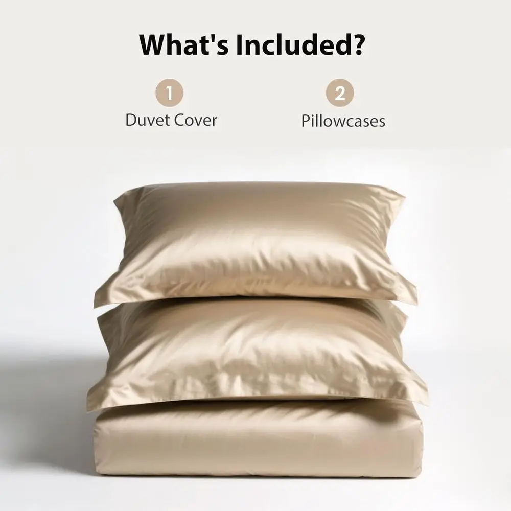 킹 사이즈 샴페인 골드 새틴 이불 커버 세트, 지퍼 클로저가 있는 3피스 럭셔리 소프트 침구