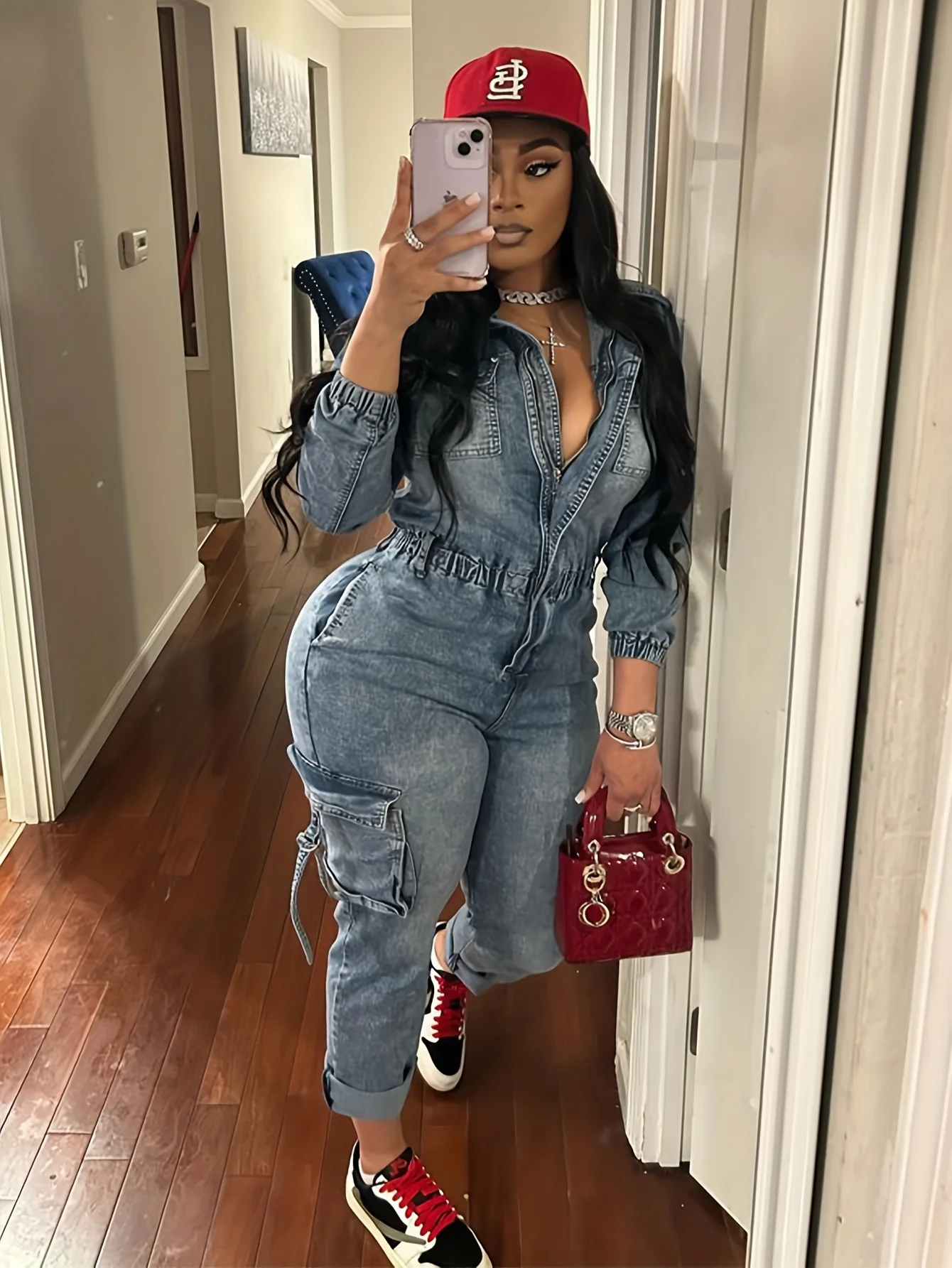 بدلة عمل نسائية ضيقة عالية المرونة من قماش الدنيم، بذلة عصرية، بذلة بأكمام طويلة على طراز الشارع #3