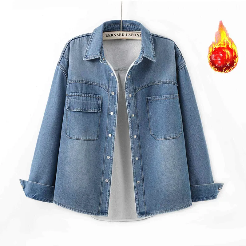 Autumn Winter Velvet Warm Blue Denim Shirt for Women's New Casual Loose Simple Versatile Shirt Top Jacket S717