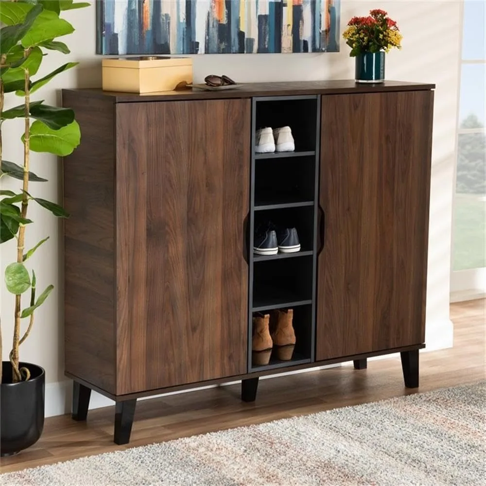 Medieval modern two tone walnut brown and grey finished wooden double door shoe cabinet