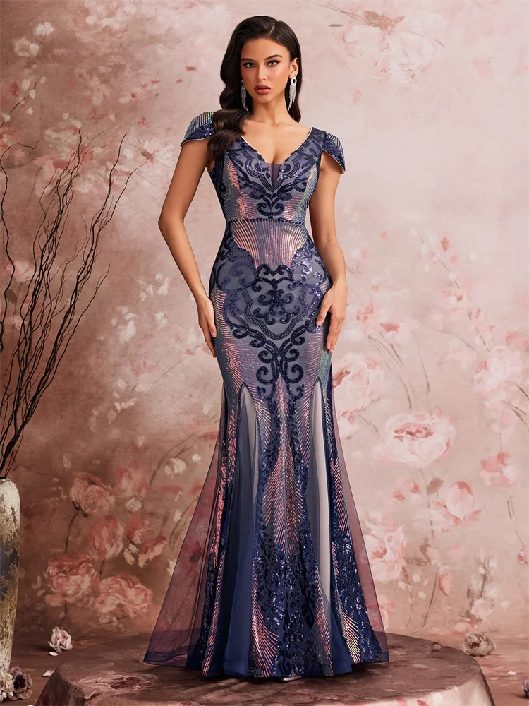 Luxurious Cap Sleeve V-neck Sequin Formal Evening Dress Women Elegant Mermaid Party Cocktail Gown Special Event