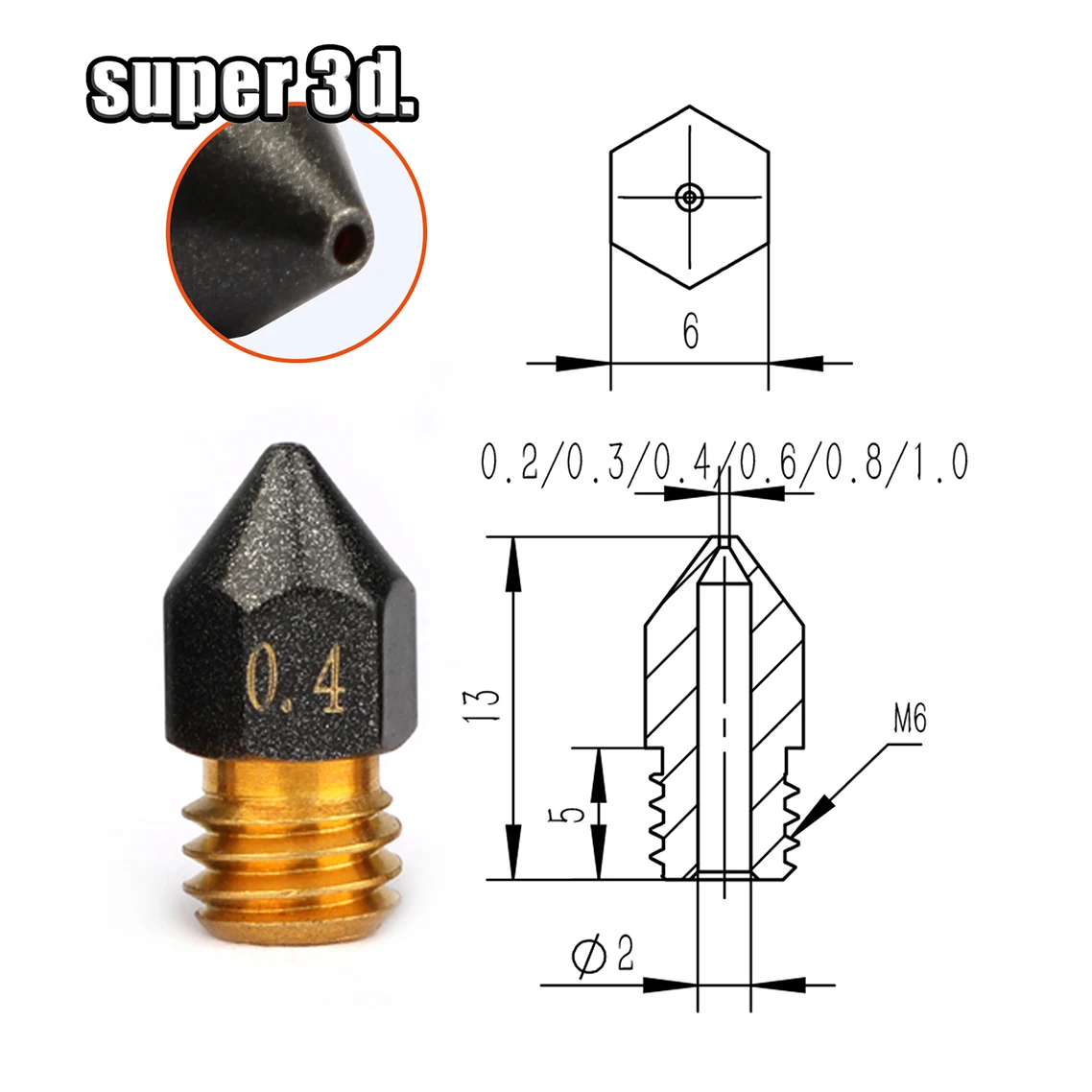 1/2/5 Stück MK8/E3D/Volcano Messing-PTFE-Düse, beschichtet, antihaftbeschichtet, Filament 0,2/0,3/0,4/0,6/0,8/1,0 mm, 3D-Drucker Ender 3, kostenloser Versand – Detail 17