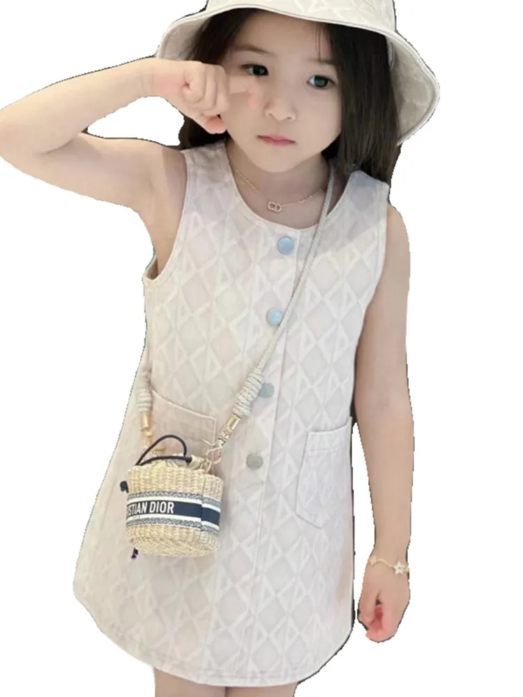 Girls' summer new sweet and fragrant white printed vest dress children's high-end princess dress