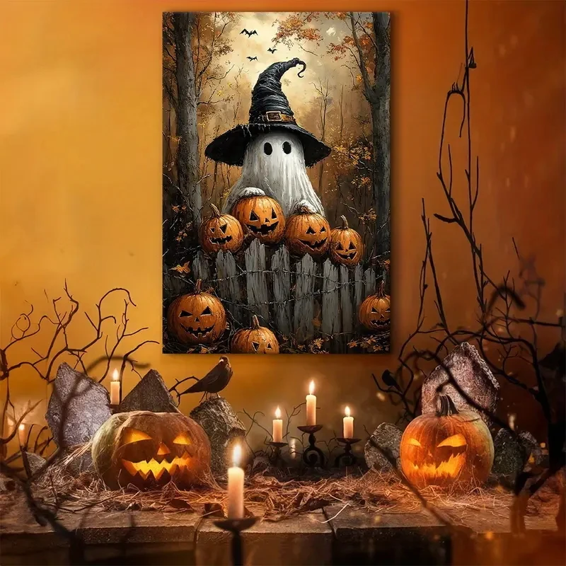 

1pcsCute Ghost Pumpkin Canvas Art Printed Witch's Hat Suitable Halloween Room Wall Art Home Cafe Office Decoration Holiday Gifts