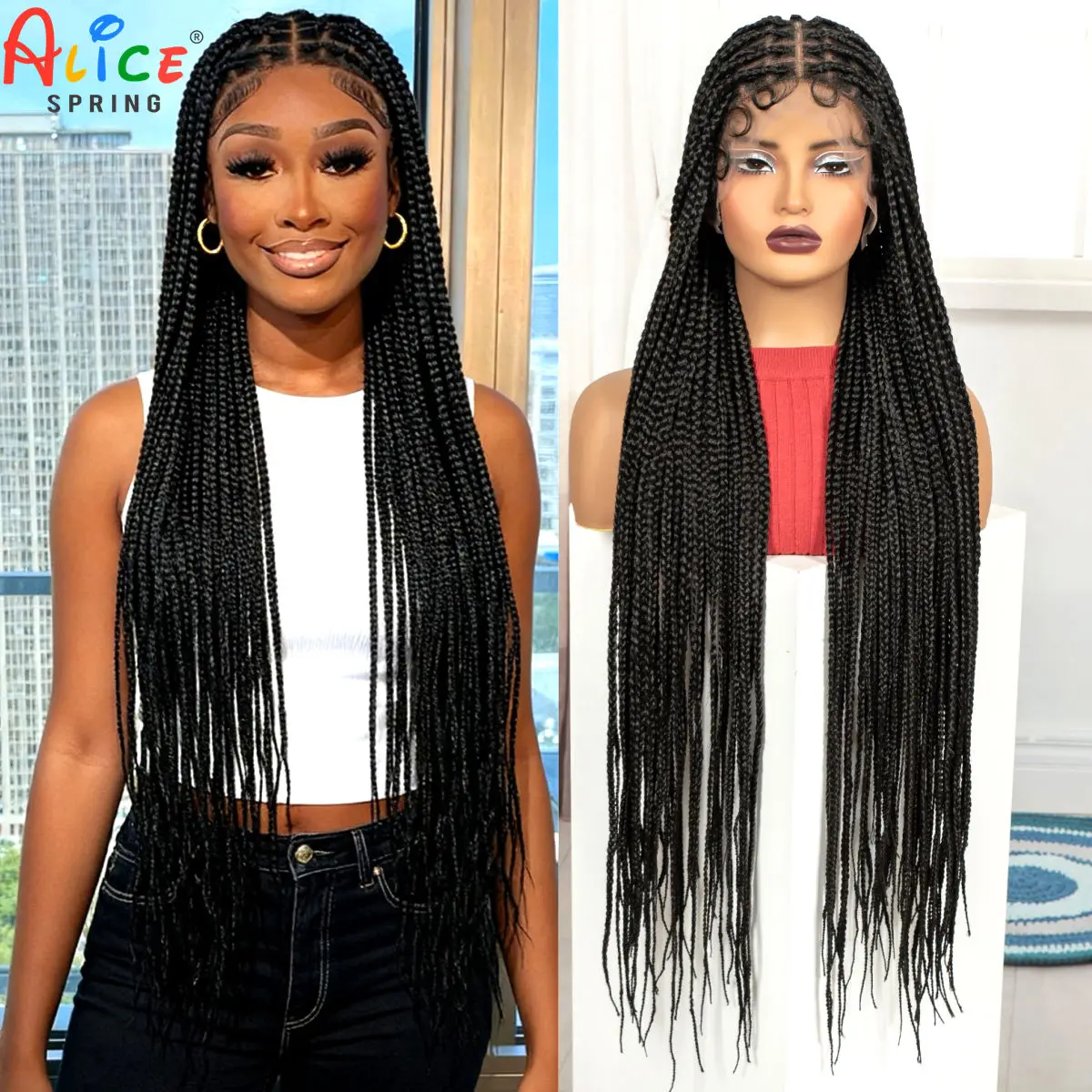 36inch Long Box Braided Wigs Synthetic Full Lace Knotless Braids Wigs with Baby Hair Colored Braids Wig for Black Women