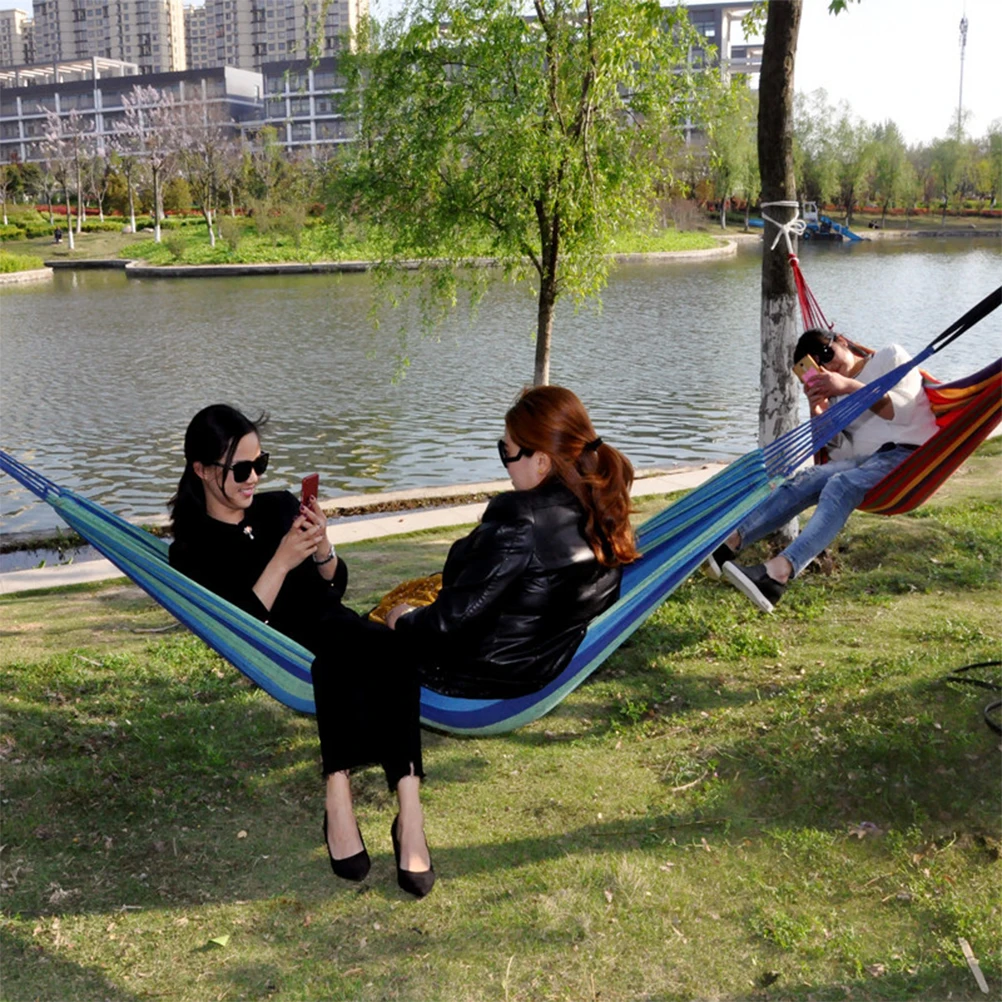 

Canvas Hammock Double Portable Rainbow Striped for Camping Hiking Relaxing Home Garden Photo Prop Hammock