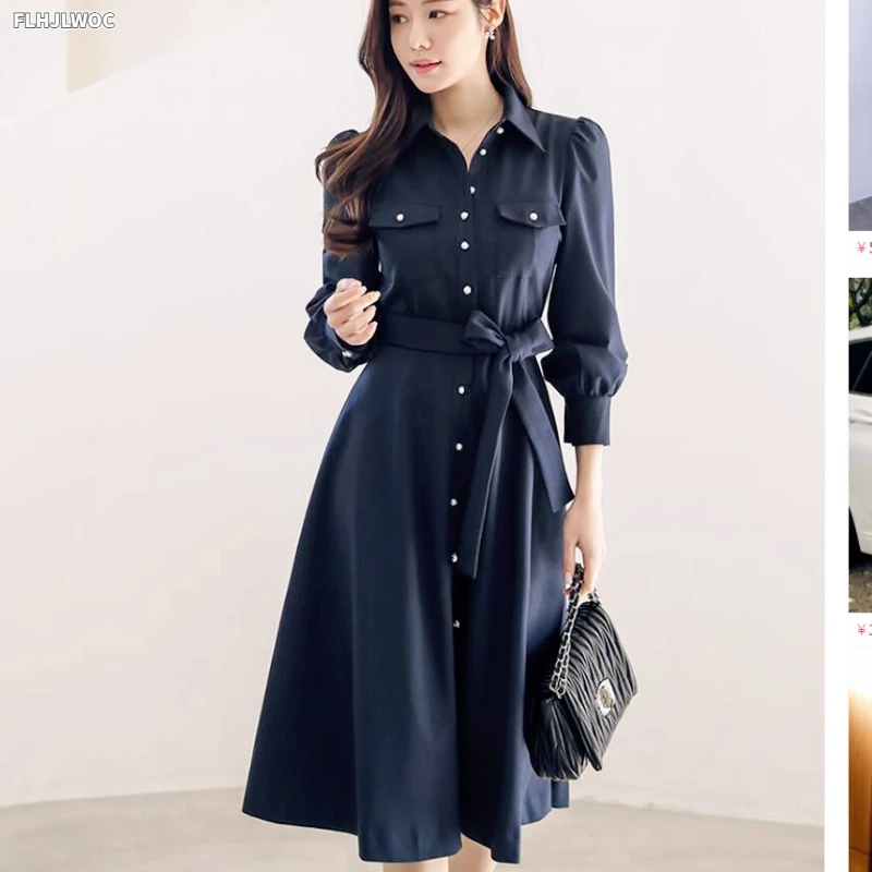 Chic Korean Clothes Design Feminine Vestidos Women Elegant Office Lady Single Breasted Button Long Retro Vintage Shirt Dress