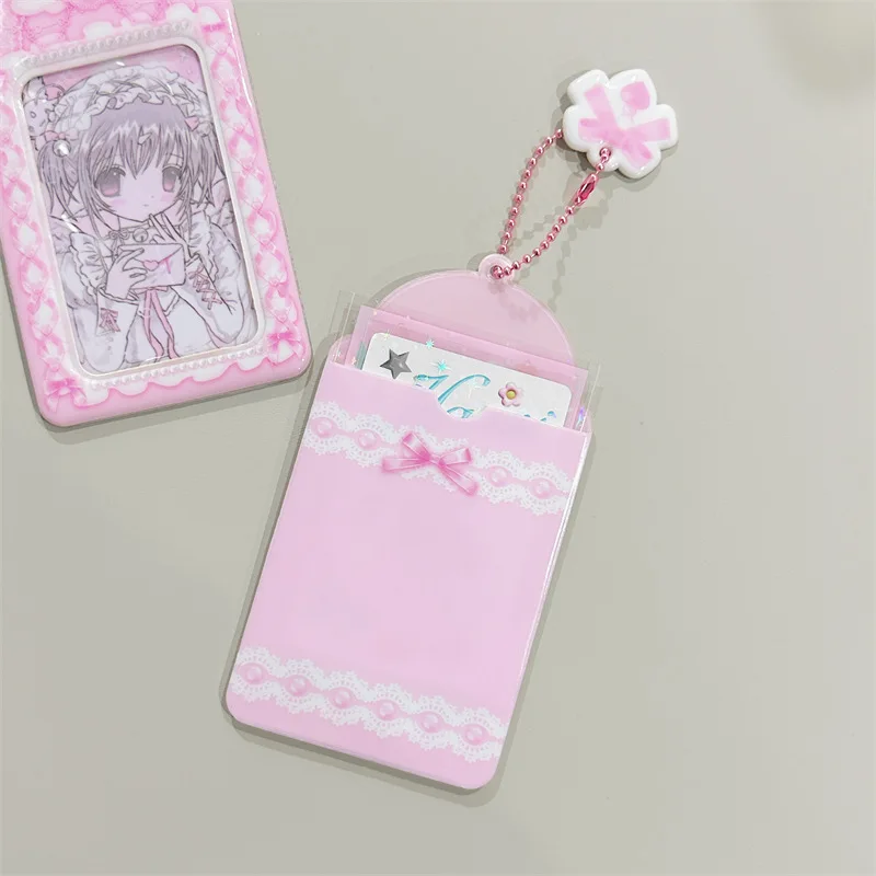 Ins New Kawaii Pink Kpop Photocard Holder Lace Album Credit ID Bank Card Display Sleeve Protective Case Stationery Pendant Gift