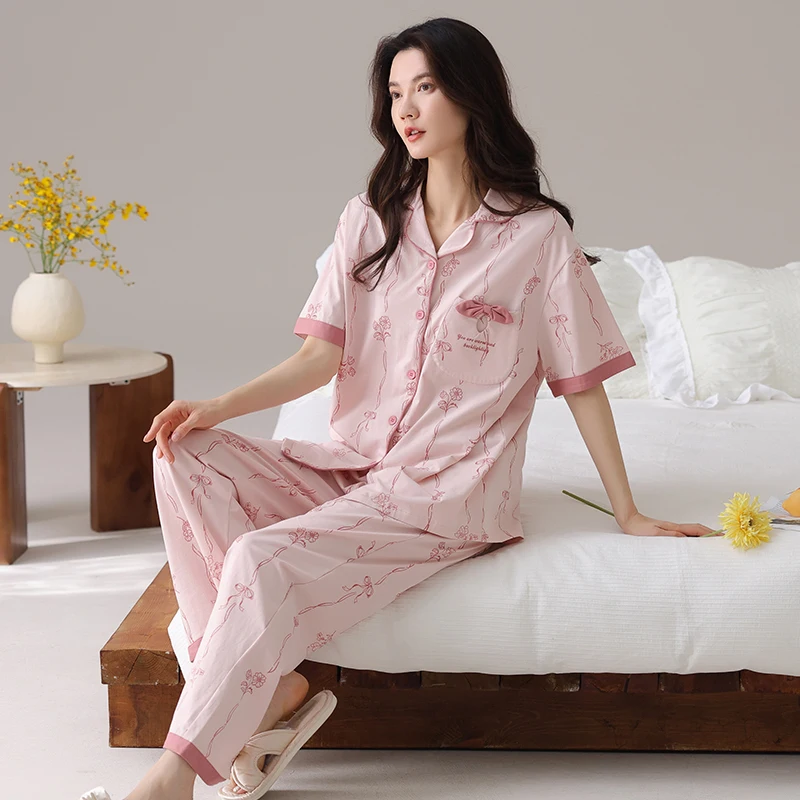 High Quality Women Pajamas Set Summer Knited Cotton Pyjamas Female Turn-down Collar Short Sleeve Sleepwear