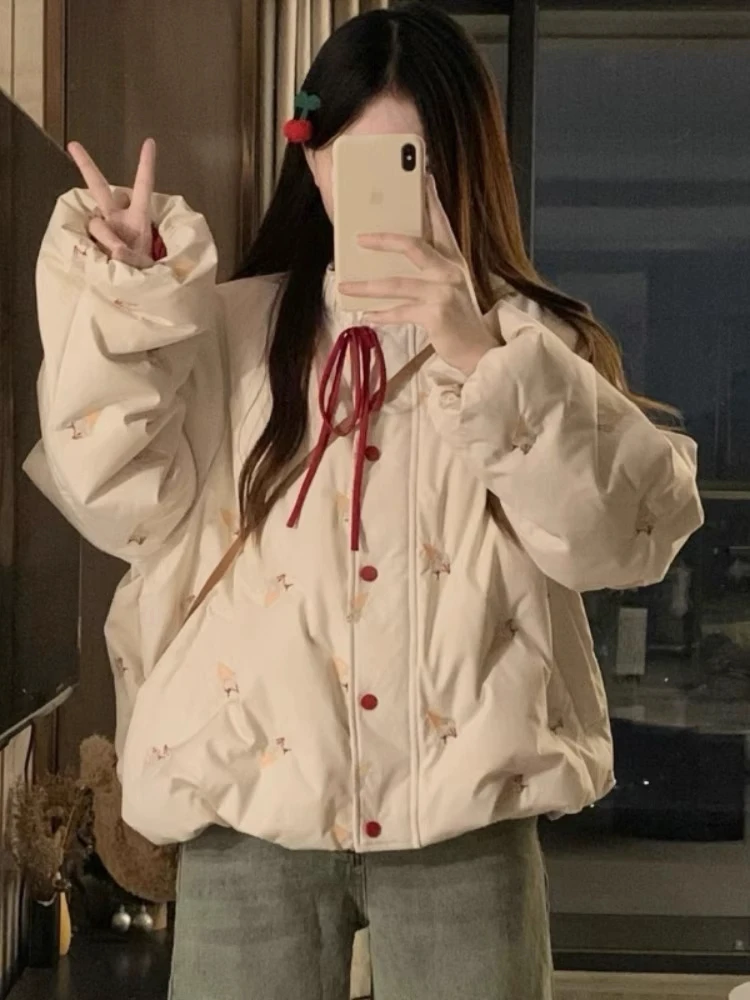 

Утепленное зимнее пуховое пальто для женщин, корейский свободный крой, длинный рукав, однотонное, теплое и комфортное