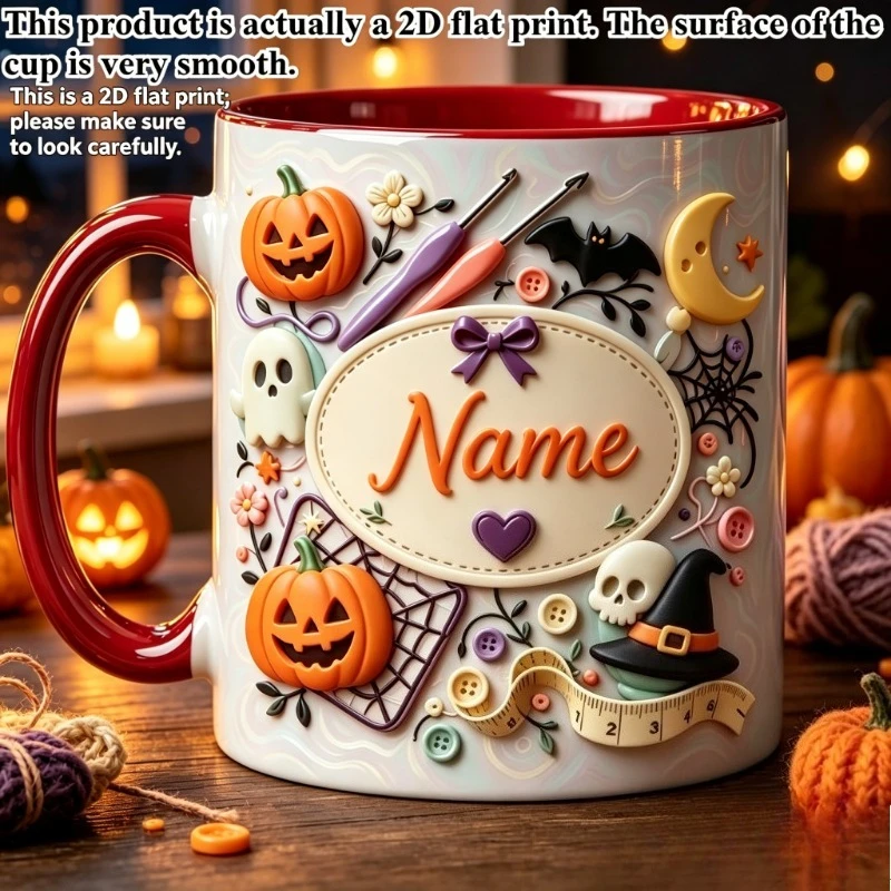 Personalized Halloween Crochet Mug 11oz Ceramic Coffee Cup Custom Name Text Pumpkin Ghost Print Gift for Knitting Lovers
