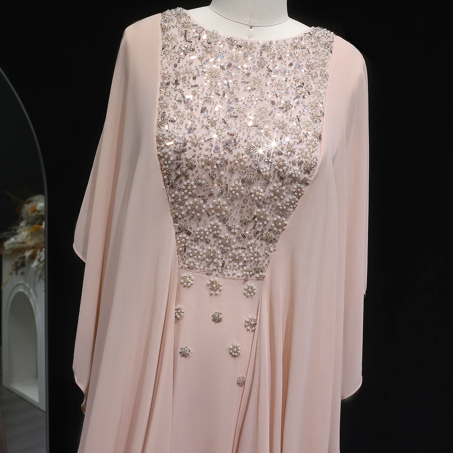 シャロンはアラビア語ヌードピンクアバヤカフタンイブニングドレスロングエレガントなビーズの女性のウェディングパーティードレスSF239カスタマイズ