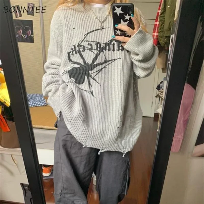 Printed Pullovers Women Frayed Sweaters Autumn Winter Loose Ulzzang Vintage Students Unisex Streetwear Vibe Personality Harajuku