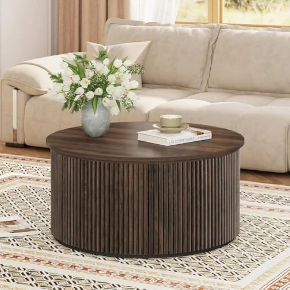 Round Fluted Wood Coffee Table with Hidden Sliding Storage Compartment • Mid-Century Inspired Circular Design • Dark Walnut Vene